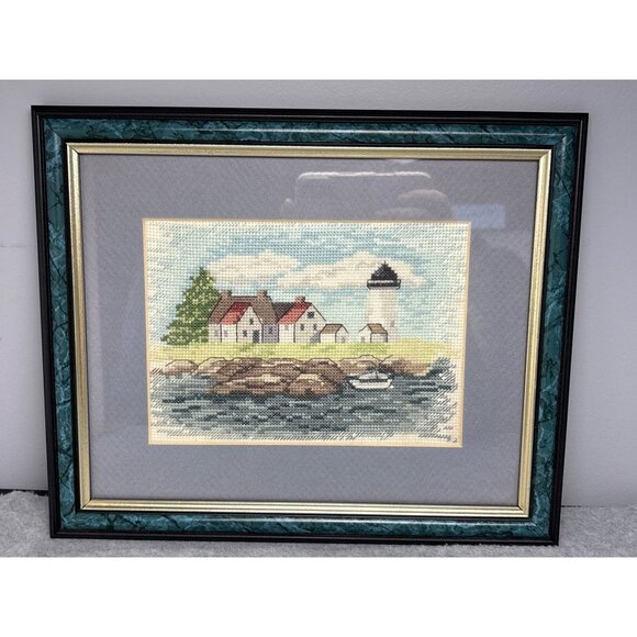 Framed Lighthouse Scene Needlepoint Art 11x9 Inches - Picture 6 of 7